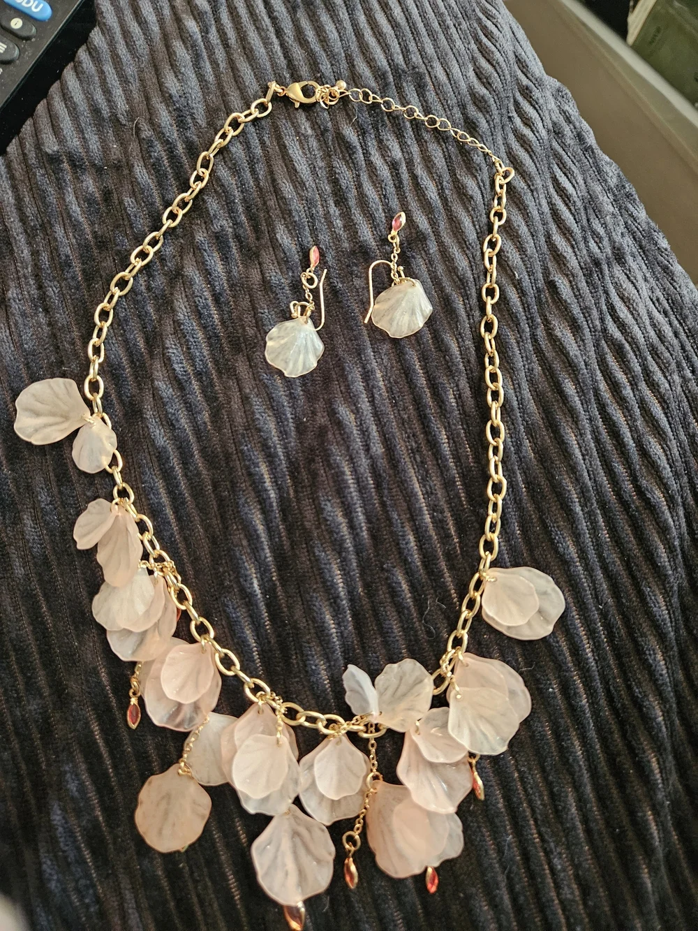 Gold Chain Necklace and Earring Set with Light Pink Petal Drops